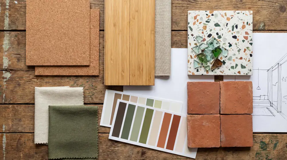 Planche de matériaux : terre cuite, bois, terrazzo et nuancier de couleurs
