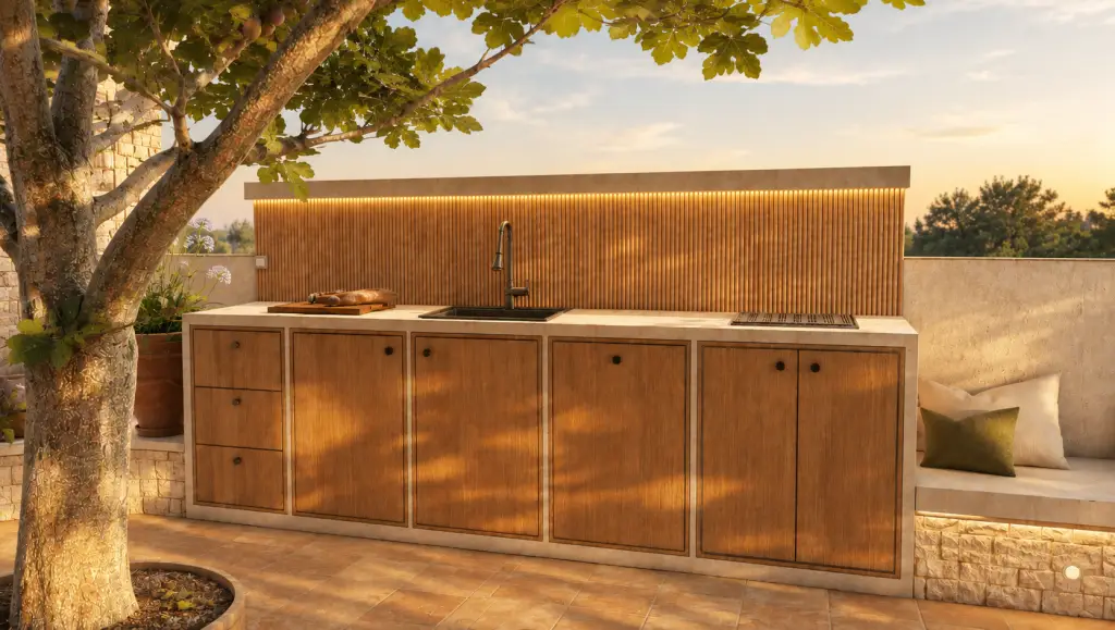 Batterie Basse : cuisine extérieure en bois sous les arbres