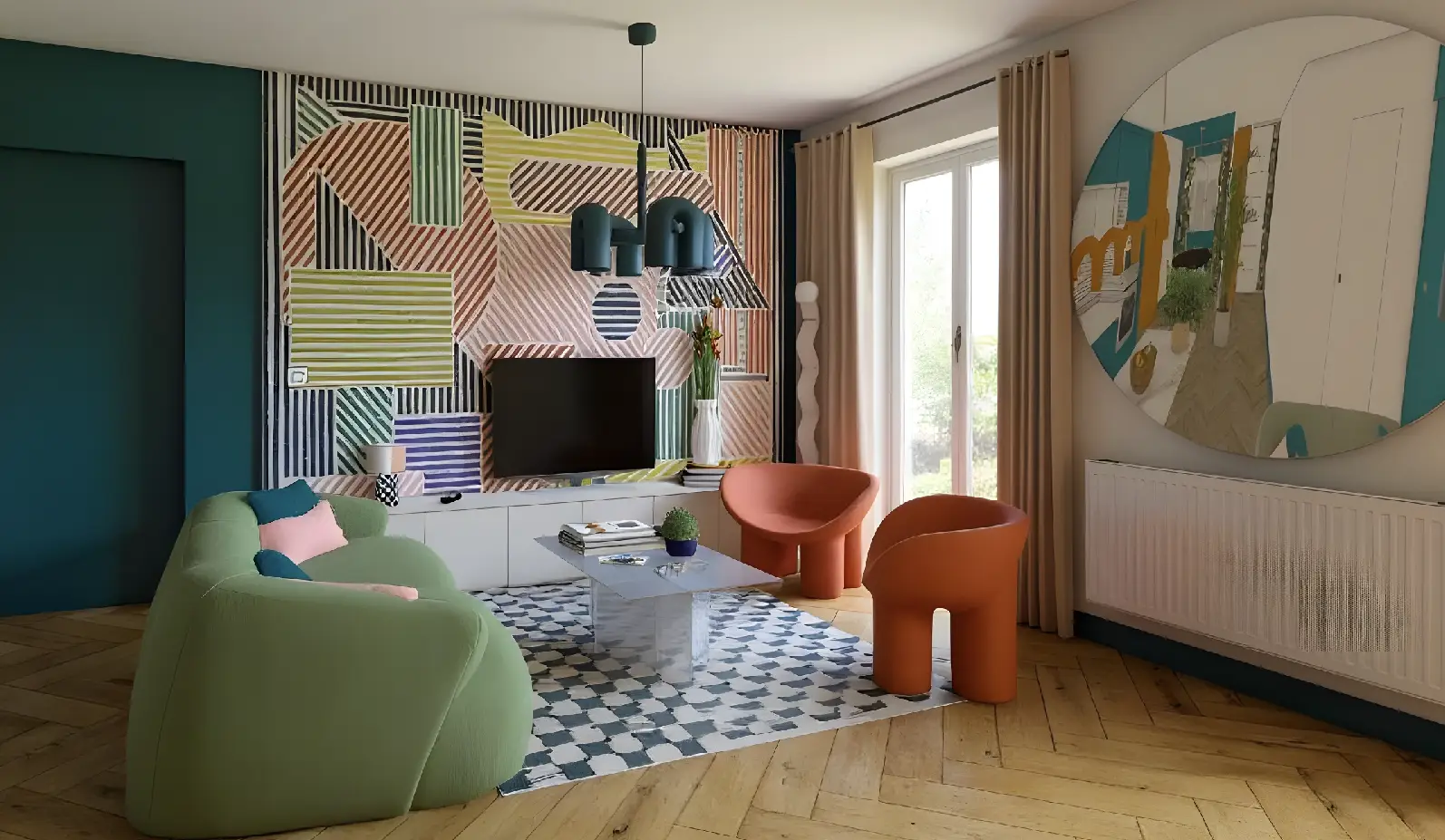 Salon avec papier peint graphique, canapé vert et fauteuils orange