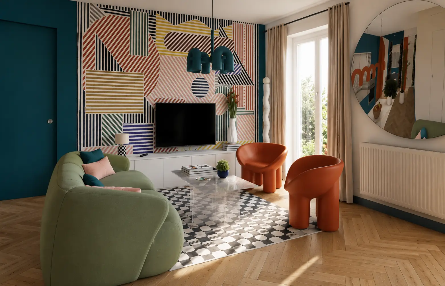 Castaing 36 : salon avec papier peint graphique, canapé vert et fauteuils orange