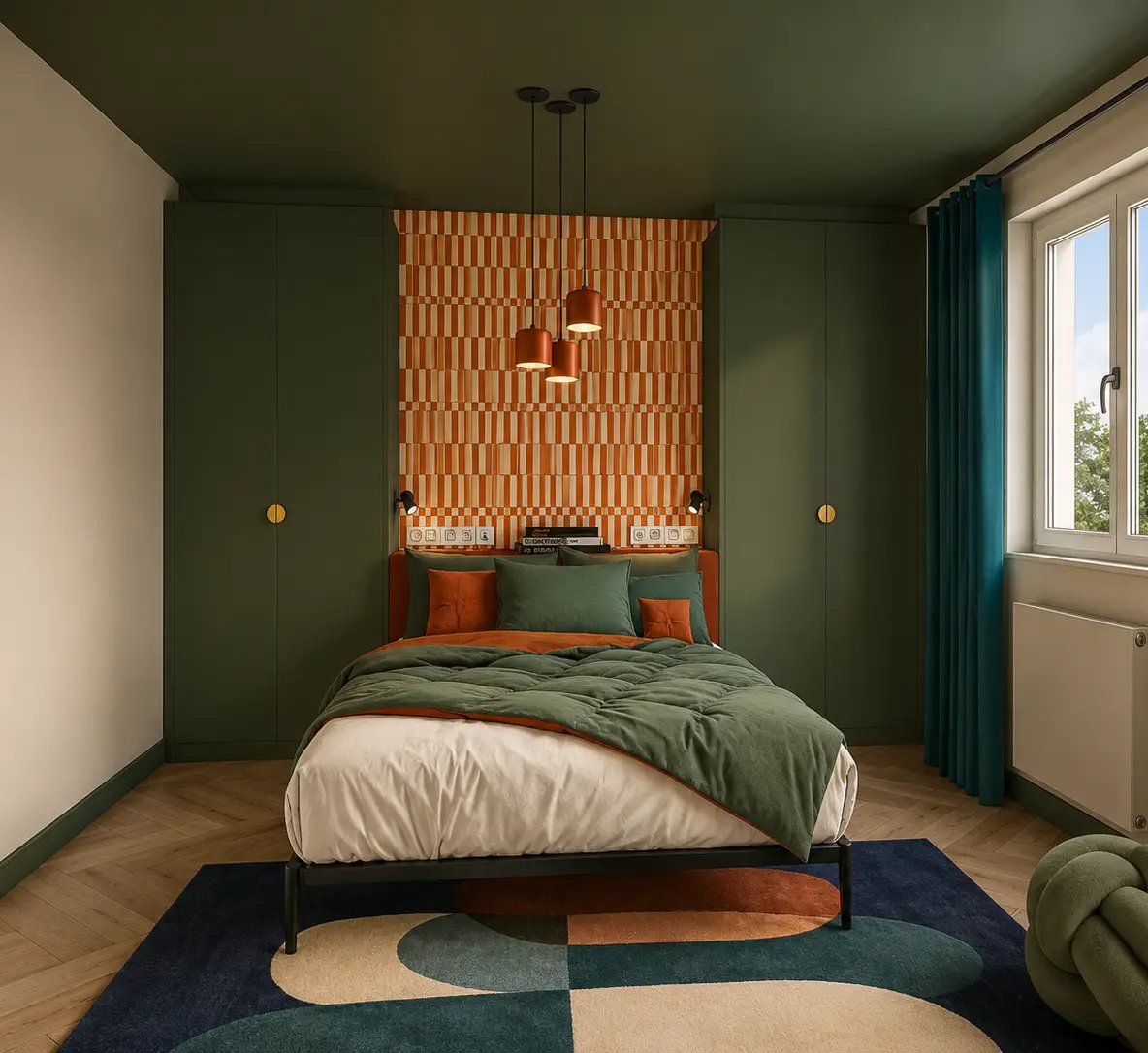 Castaing 36 : chambre aux murs vert sombre et tête de lit en bois