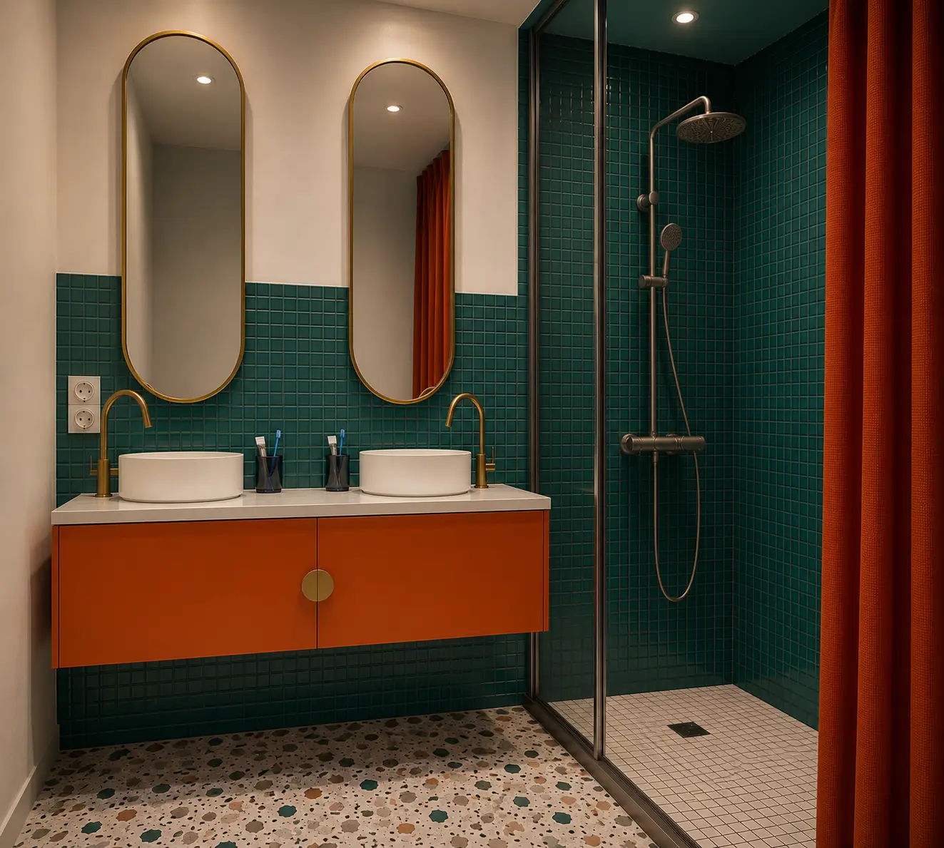 Castaing 36 : salle de bains avec double vasque sur meuble orange et douche à l’italienne
