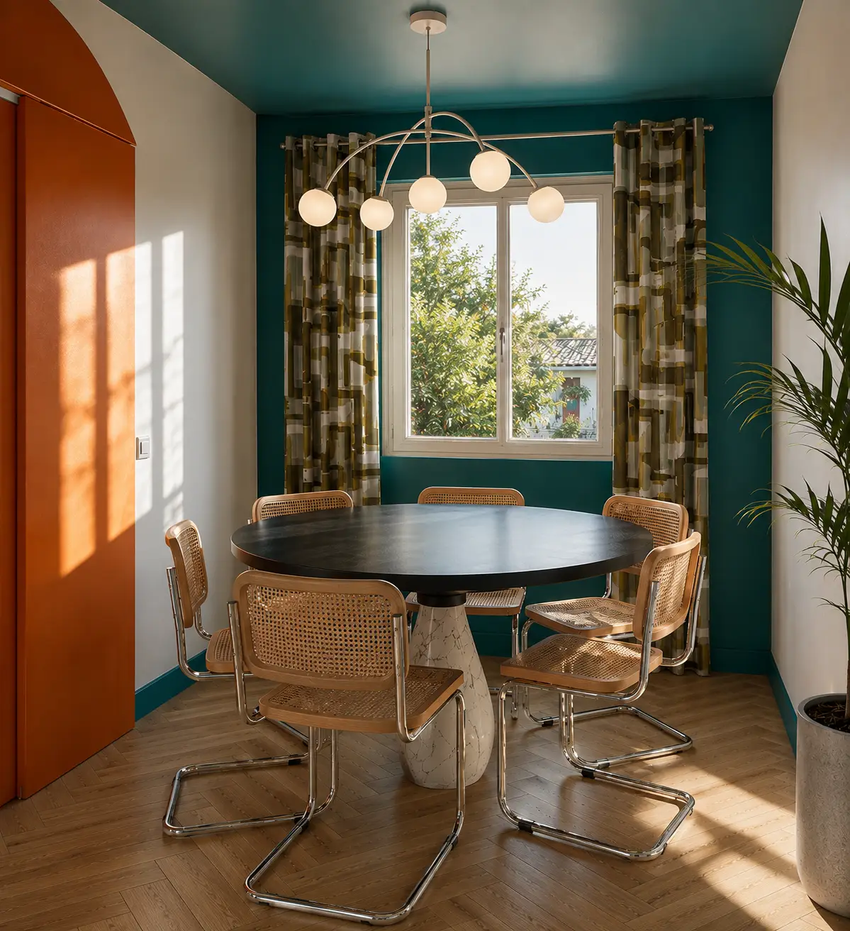 Castaing 36 : salle à manger avec table ronde et rideaux à motifs