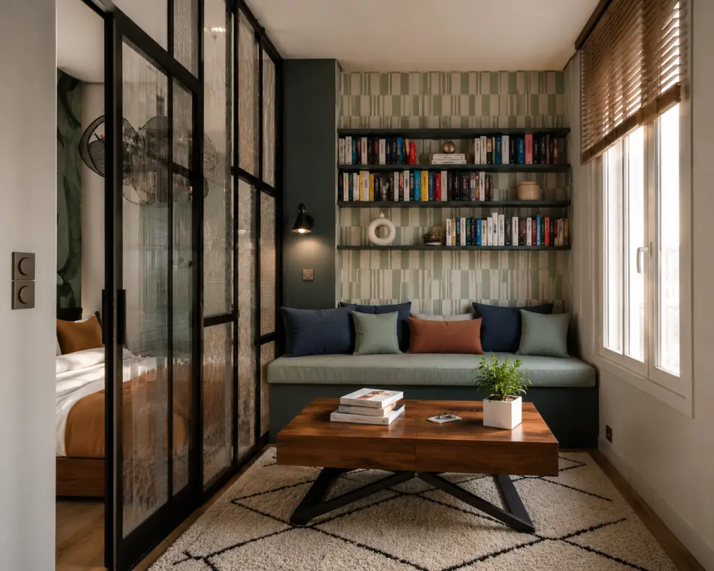 Pyrénées 271 : salon avec bibliothèque, canapé et verrière