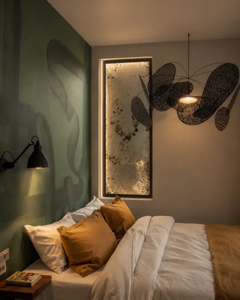 Pyrénées 271 : chambre aux murs verts avec suspension décorative