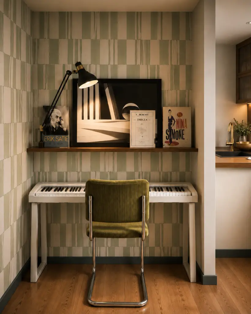 Pyrénées 271 : coin musique avec piano numérique et papier peint vert