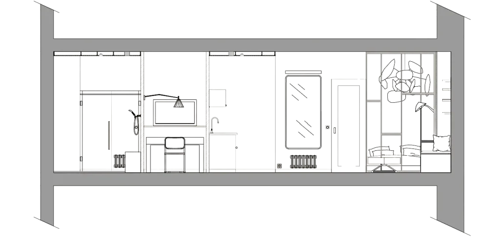 Coupe d&rsquo;un am&eacute;nagement int&eacute;rieur, dessin d&rsquo;architecte