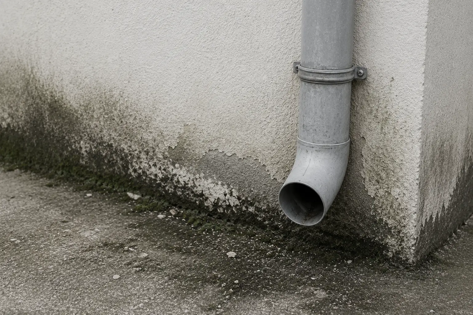 Descente d’eaux pluviales sans évacuation adaptée, traces d’humidité au pied du mur