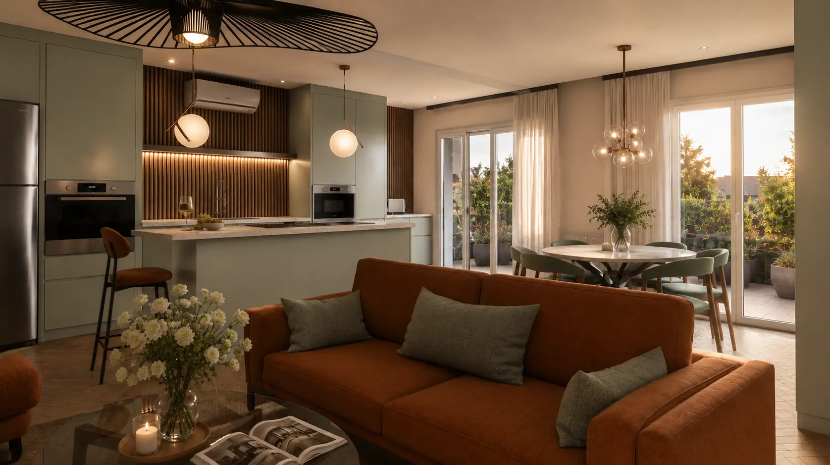 Pakita : salon avec canapé orange ouvert sur la salle à manger et le jardin