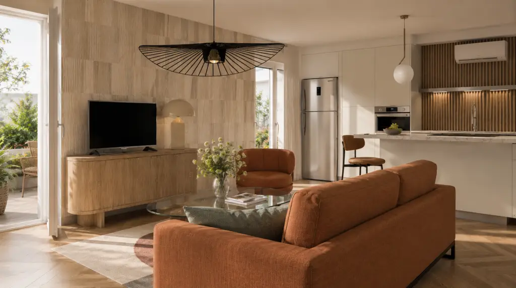 Pakita : pièce de vie avec canapé orange, télévision et cuisine ouverte