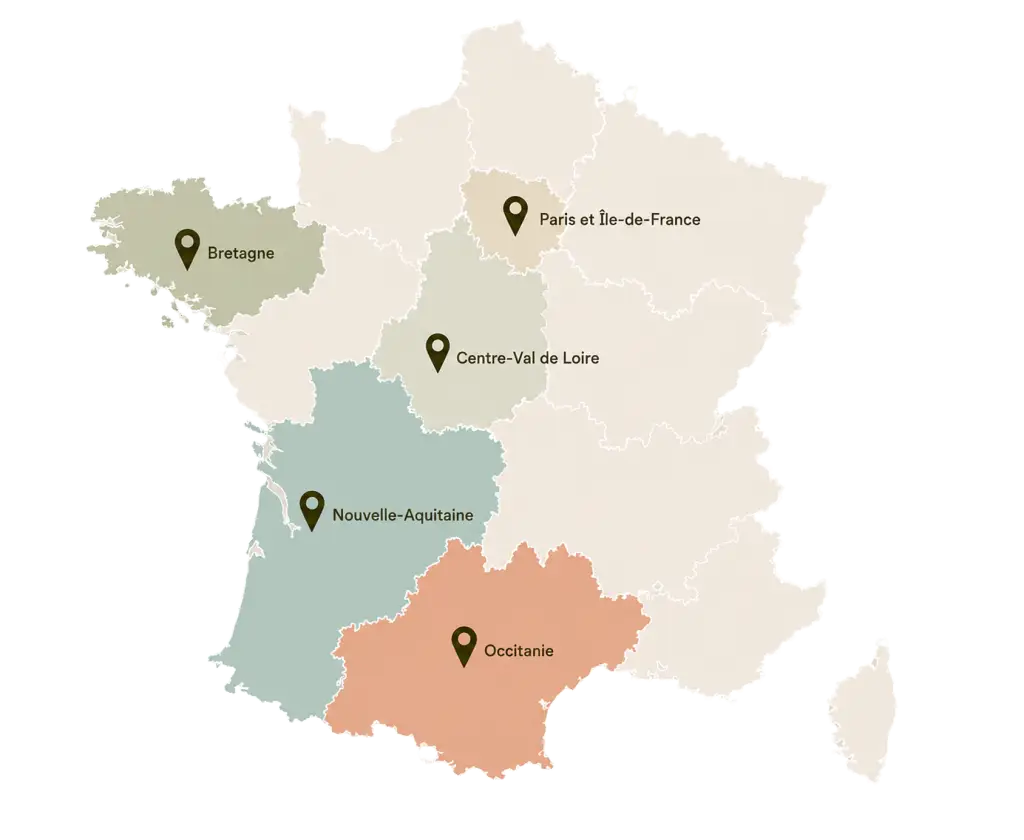 Carte de France des régions où interviennent les partenaires de Kardium Studio