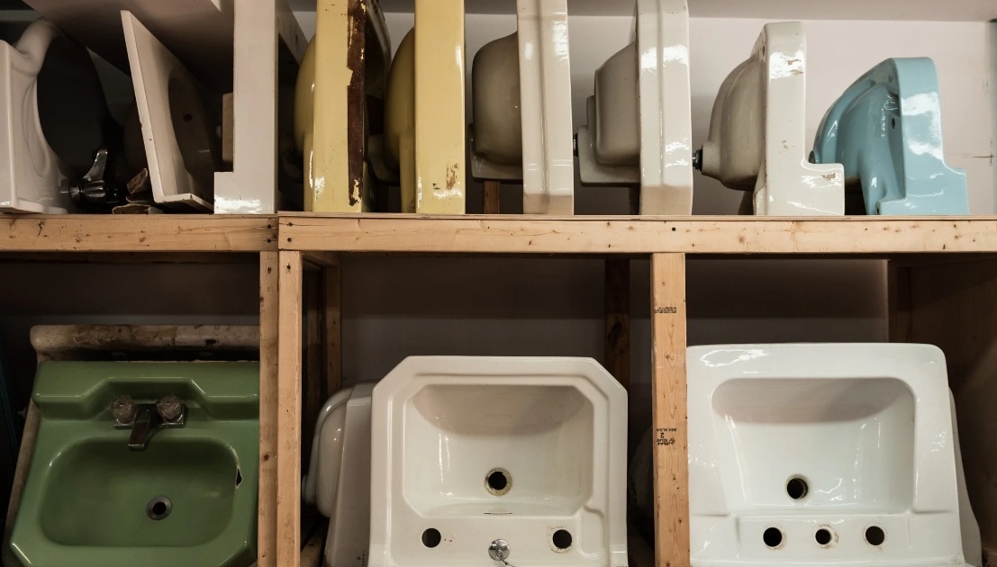 Lavabos et éviers anciens en céramique rangés sur des étagères dans une recyclerie